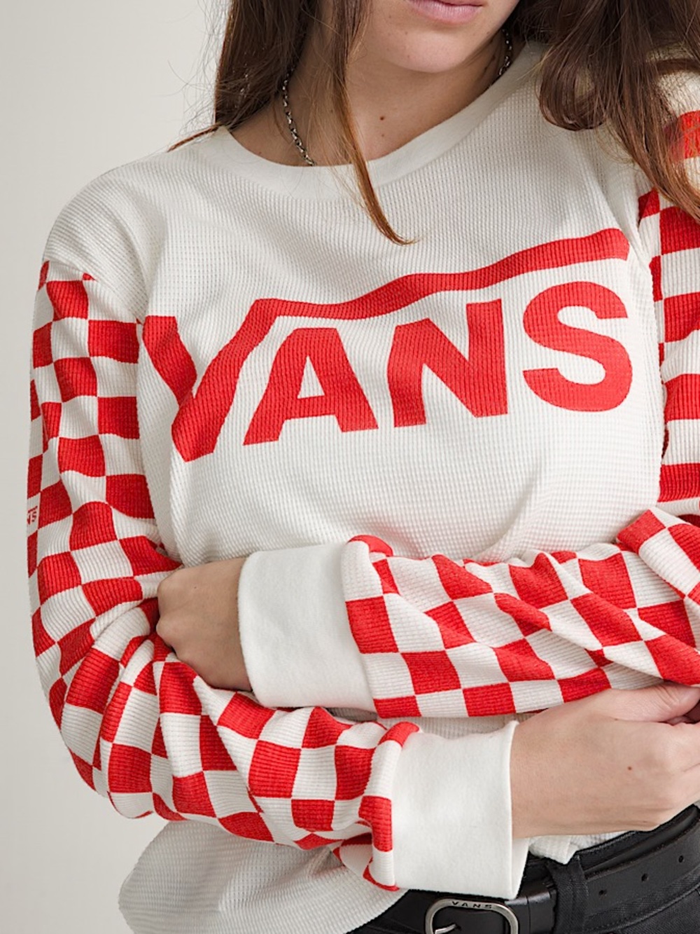 Vans White & Red Checker Crewneck Waffle Knit Sweatshirt